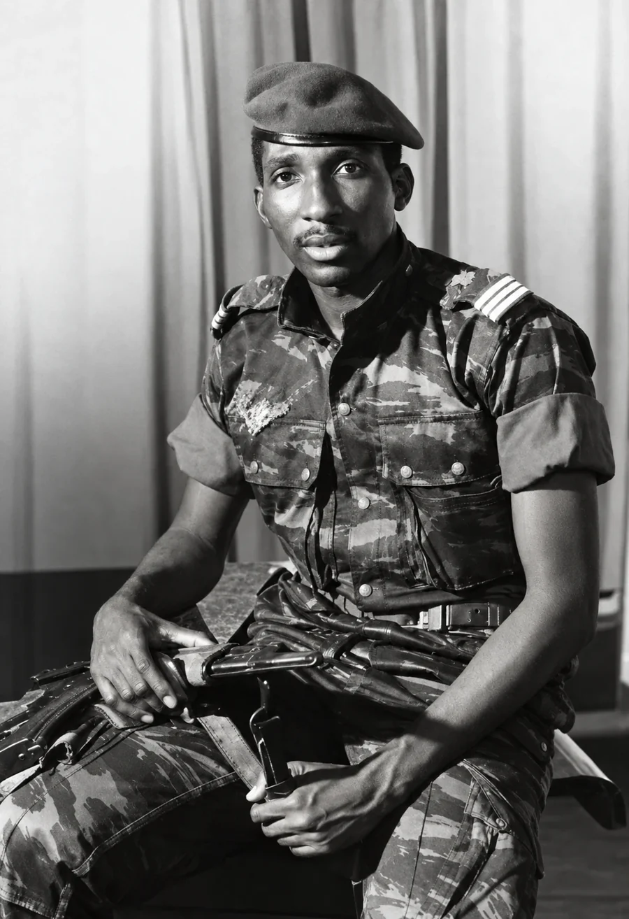 Portrait du Camarade Président Thomas Sankara, assis, en treillis de camouflage aux manches retroussées et béret militaire sans insigne, les galons de capitaine à l'épaule. Il regarde l'objectif, les mains posées sur une arme couchée en travers de ses genoux.