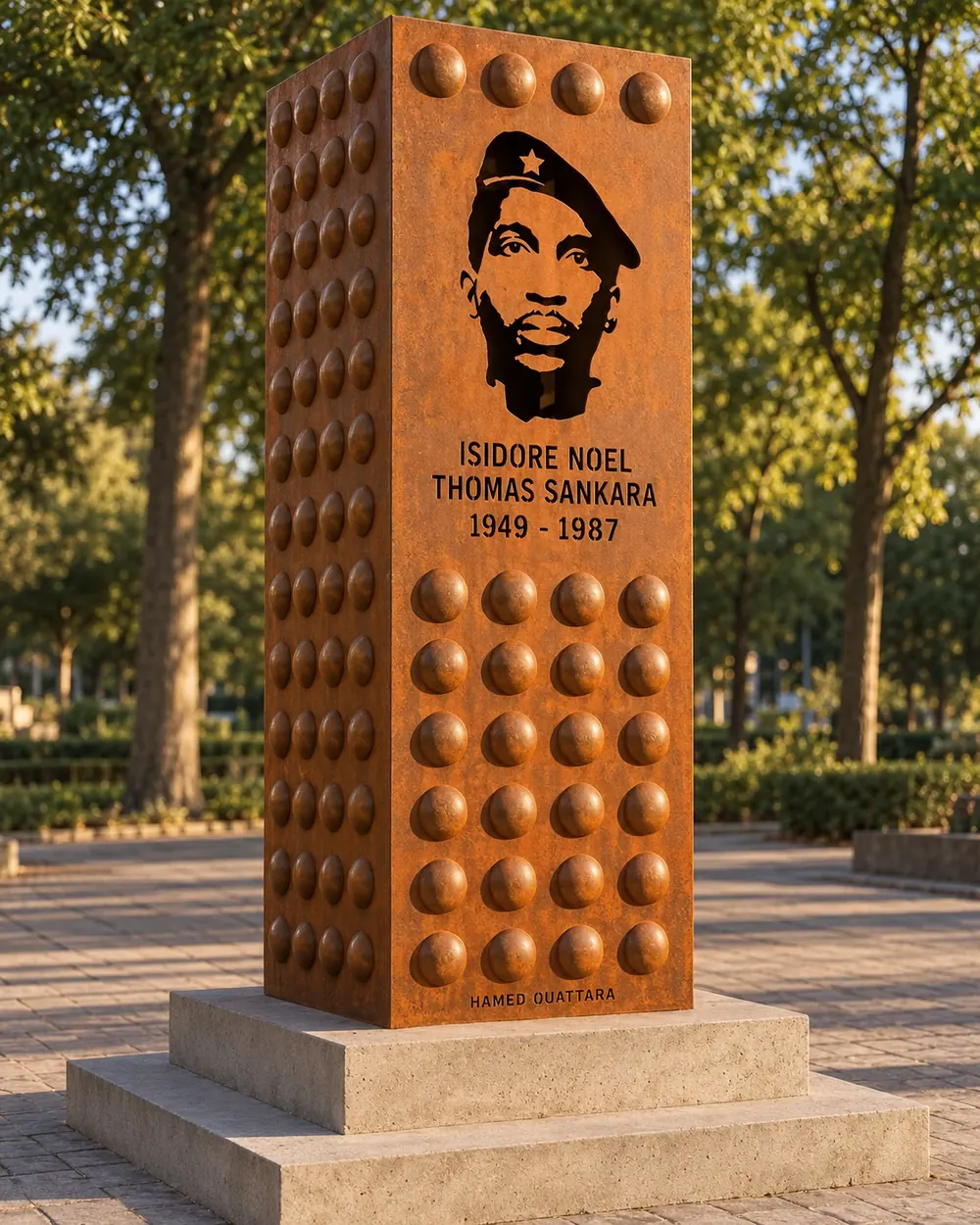 Rendu d'implantation de SANKARA, L'ÉTERNEL VEILLEUR de Hamed Ouattara : le prisme d'acier Corten dressé sur son socle de béton à deux gradins, dans une allée plantée d'arbres. La face portrait montre le visage du Camarade Président Thomas Sankara découpé au travers de la tôle, au-dessus du bloc ISIDORE NOEL THOMAS SANKARA 1949 - 1987, et la face voisine est couverte de bossages hémisphériques.