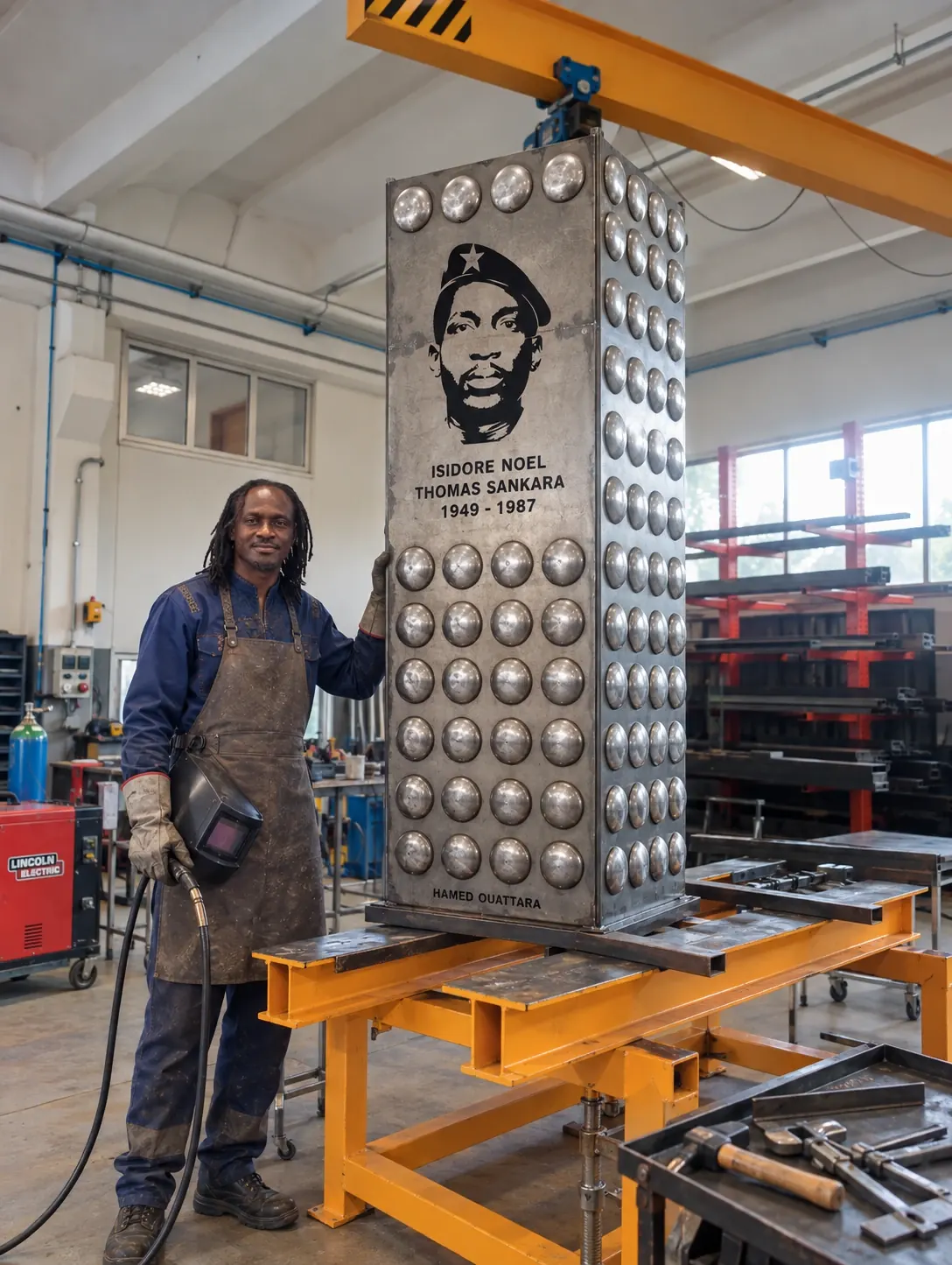 Hamed Ouattara, artiste designer burkinabè, auteur de SANKARA, L'ÉTERNEL VEILLEUR, debout auprès de l'œuvre en acier brut dans l'atelier de Bologne.
