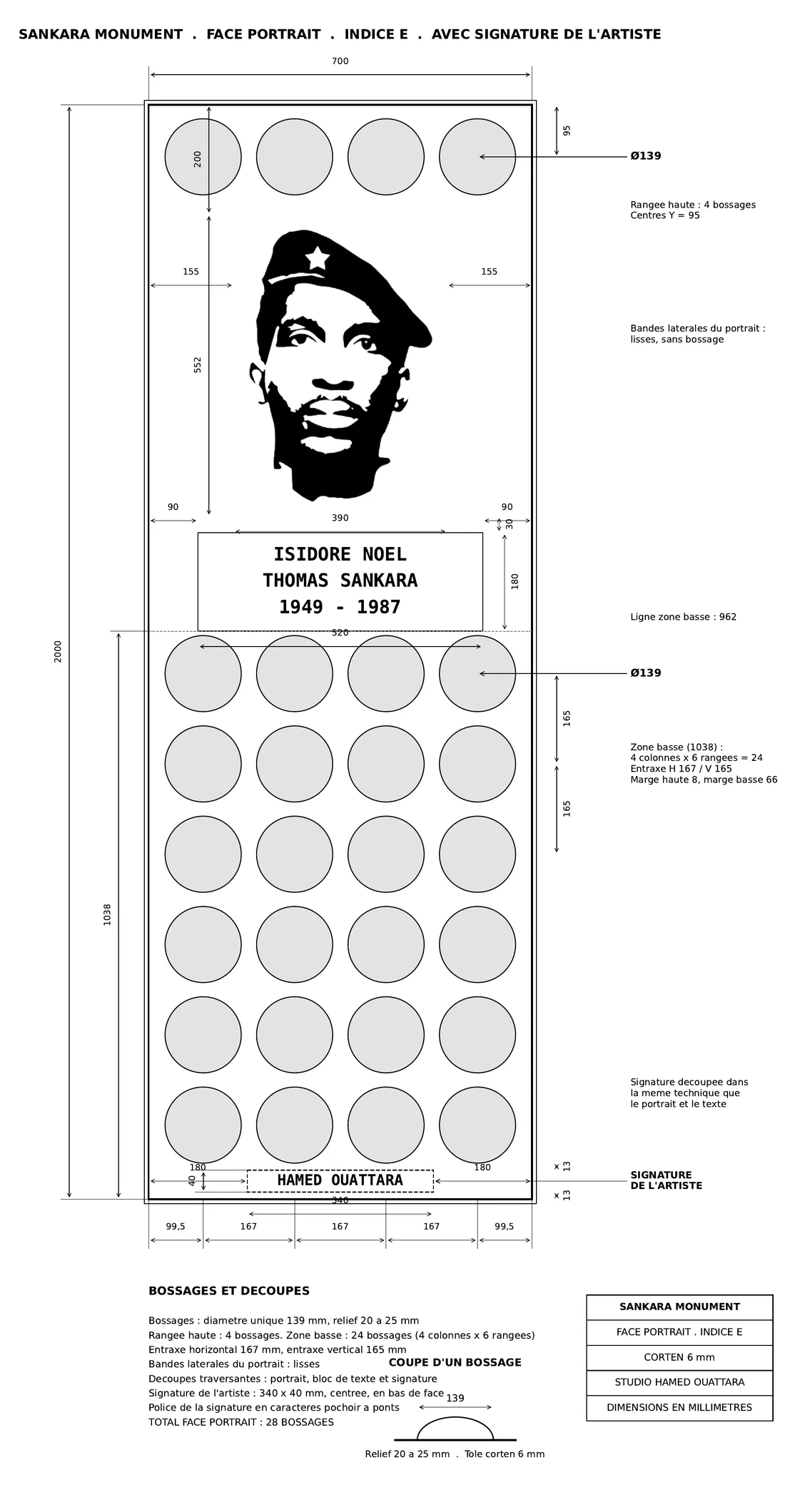 Plan coté de la face portrait de SANKARA, L'ÉTERNEL VEILLEUR par Hamed Ouattara : prisme de 2000 sur 700 millimètres en acier Corten de 6 millimètres, bossages de 139 millimètres de diamètre et 20 à 25 millimètres de relief, entraxe horizontal 167 et vertical 165 millimètres, total 28 bossages pour la face portrait.